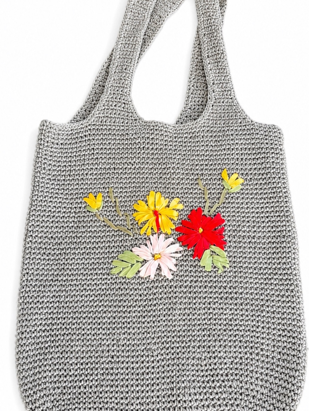 Gray Crochet Floral Appliqué Hobo Tote Bag Boho Cottagecore